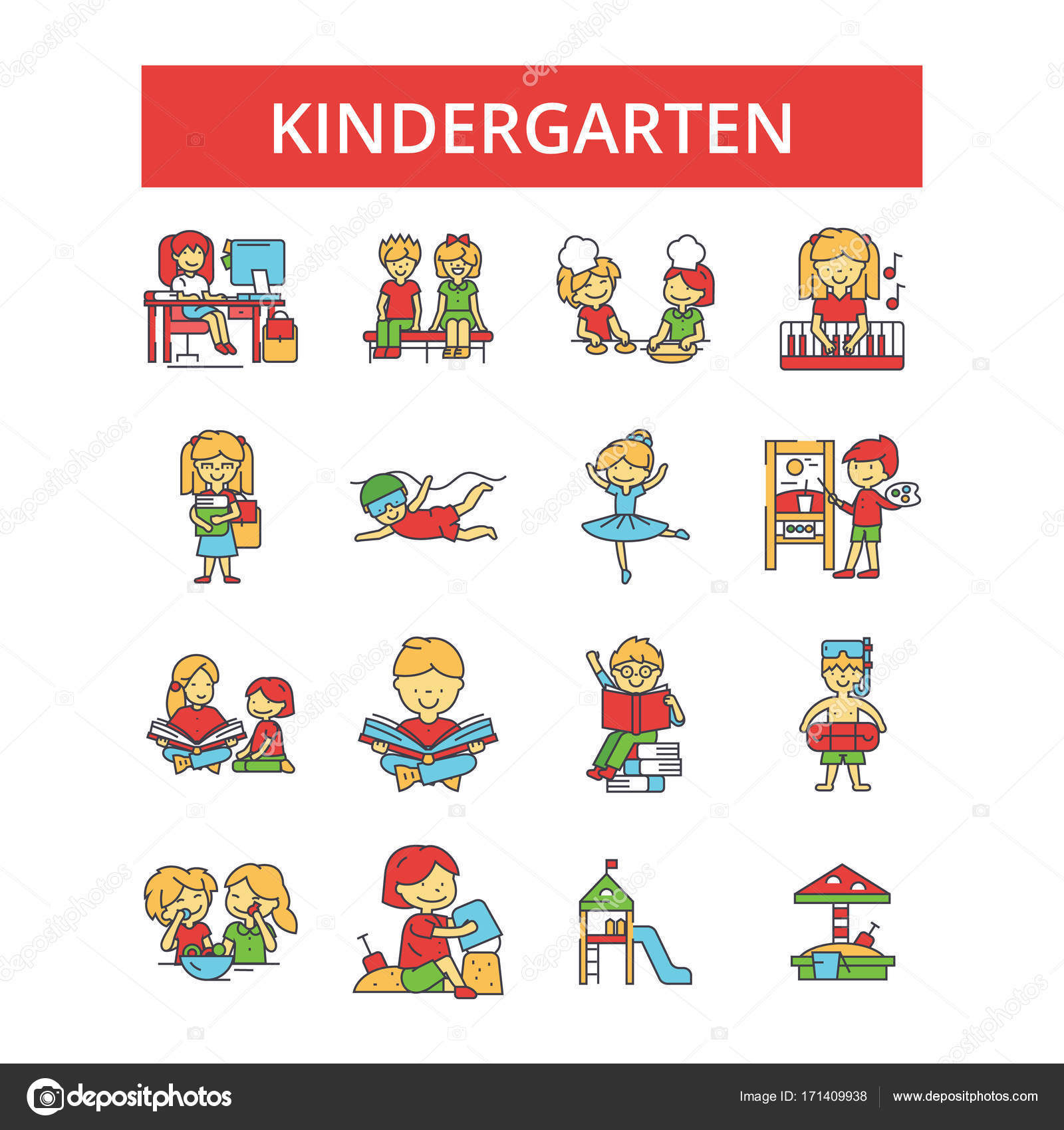 Kindergarten illustration, thin line icons, linear flat signs, vector