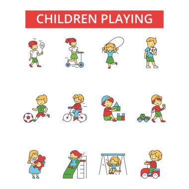 Çocuklar oynarken illüstrasyon, ince çizgi simgeler, doğrusal düz işaretler, semboller vektör, anahat sembolleri ayarla, düzenlenebilir vuruş