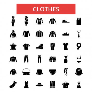 Giyim illüstrasyon, ince çizgi simgeler, doğrusal düz işaretler, vektör sembolleri, anahat sembollerin set, düzenlenebilir vuruş