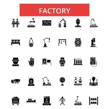 Fabrika illüstrasyon, ince çizgi simgeler, doğrusal düz işaretler, vektör sembolleri, anahat sembollerin set, düzenlenebilir vuruş