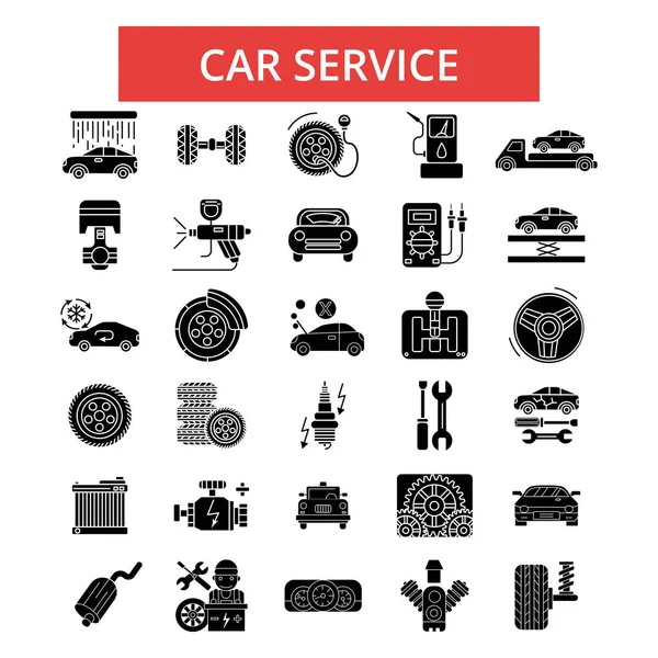 Illustration de service de voiture, icônes de ligne mince, signes plats linéaires, symboles vectoriels, ensemble de pictogrammes de contour, traits modifiables — Image vectorielle