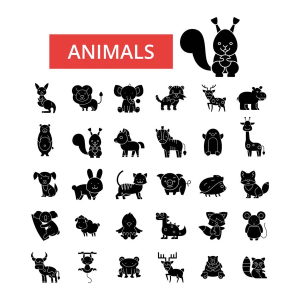 Cute animals illustration, thin line icons, linear flat signs, vector symbols, outline pictograms set, editable strokes — Stock Vector