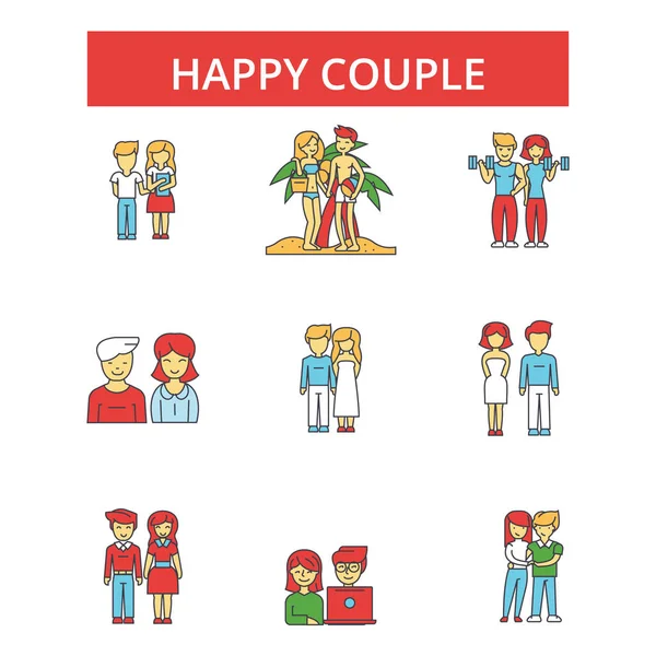 Ilustración de pareja feliz, iconos de línea delgada, signos planos lineales, símbolos vectoriales, conjunto de pictogramas de contorno, trazos editables — Vector de stock