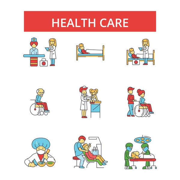 Illustration de soins de santé, icônes de ligne mince, signes plats linéaires, symboles vectoriels, ensemble de pictogrammes de contour, traits modifiables — Image vectorielle