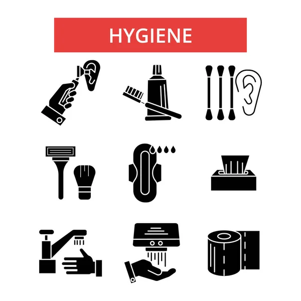 Ilustración de higiene, iconos de línea delgada, signos planos lineales, símbolos vectoriales, conjunto de pictogramas de contorno, trazos editables — Vector de stock