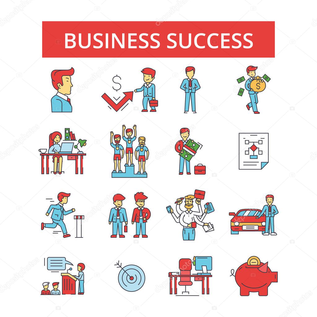Business success illustration, thin line icons, linear flat signs, vector symbols, outline pictograms set, editable strokes