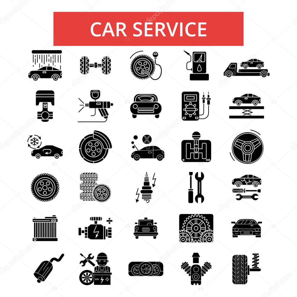 Car service illustration, thin line icons, linear flat signs, outline pictograms, vector symbols set, editable strokes