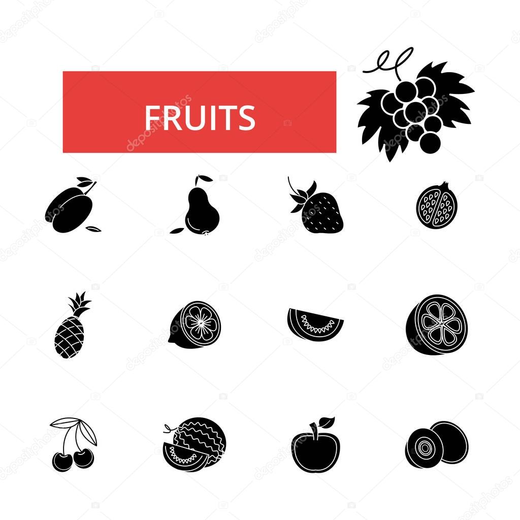 Fruits illustration, thin line icons, linear flat signs, vector symbols, outline pictograms set, editable strokes
