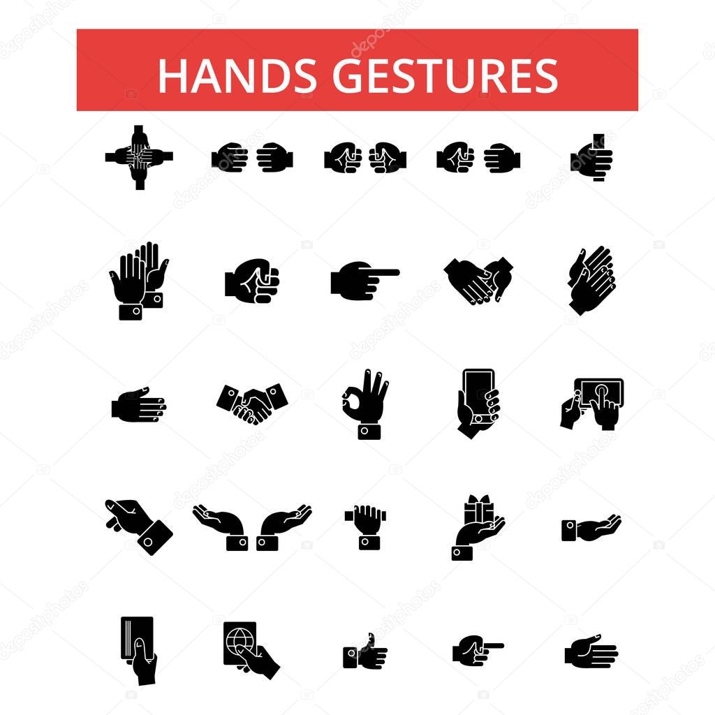 Hands gestures illustration, thin line icons, linear flat signs, vector symbols, outline pictograms set, editable strokes