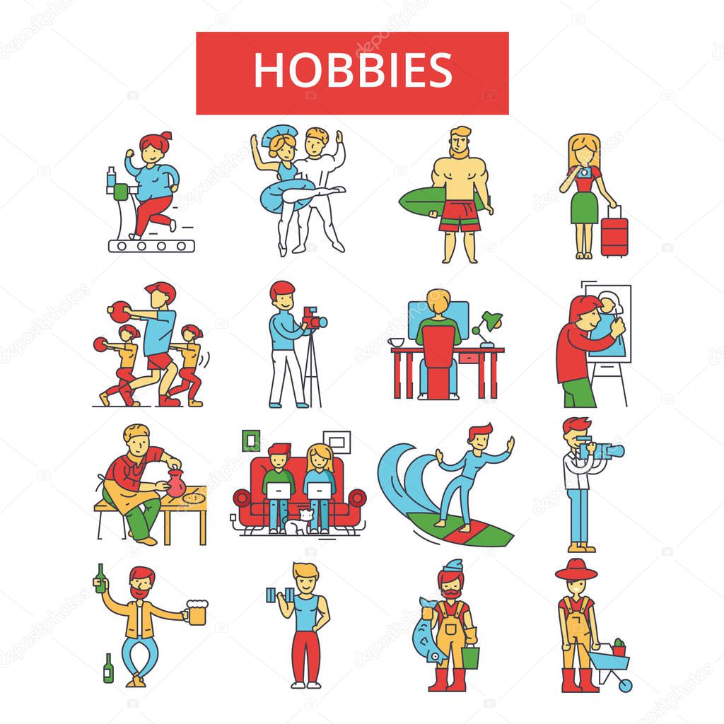 Hobbies illustration, thin line icons, linear flat signs, vector symbols, outline pictograms set, editable strokes