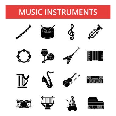 Müzik aletleri, illüstrasyon, ince çizgi simgeler, doğrusal düz işaretler, vektör sembolleri, anahat sembollerin set, düzenlenebilir vuruş