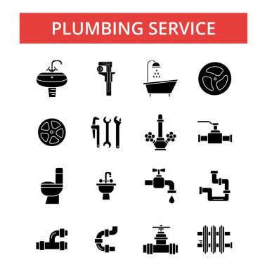 Sıhhi tesisat hizmet illüstrasyon, ince çizgi simgeler, doğrusal düz işaretler, vektör sembolleri, anahat sembollerin set, düzenlenebilir vuruş