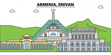 Ermenistan, Erevan anahat şehir manzarası, doğrusal illüstrasyon, afiş, seyahat Simgesel Yapı, binalara siluet, vektör