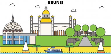 Brunei anahat şehir manzarası, doğrusal illüstrasyon, afiş, seyahat Simgesel Yapı, binalara siluet, vektör