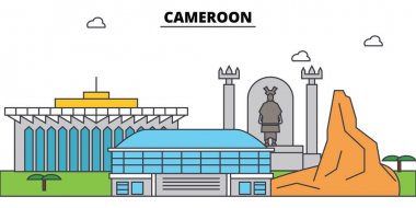 Kamerun anahat şehir manzarası, doğrusal illüstrasyon, afiş, seyahat Simgesel Yapı, binalara siluet, vektör