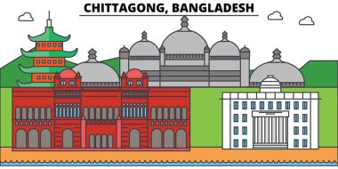 Chittagong, Bangladeş anahat şehir manzarası, doğrusal illüstrasyon, afiş, seyahat Simgesel Yapı, binalara siluet, vektör