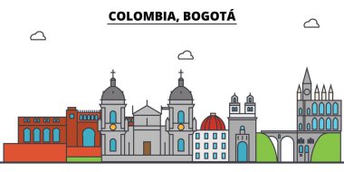 Kolombiya, Bogota anahat şehir manzarası, doğrusal illüstrasyon, afiş, seyahat Simgesel Yapı, binalara siluet, vektör