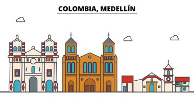 Kolombiya, Medellin anahat şehir manzarası, doğrusal illüstrasyon, afiş, seyahat Simgesel Yapı, binalara siluet, vektör
