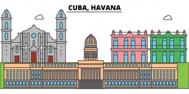 Küba, Havana anahat şehir manzarası, doğrusal illüstrasyon, afiş, seyahat Simgesel Yapı, binalara siluet, vektör