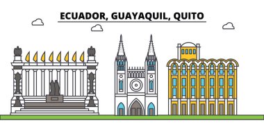 Ekvador, Guayaquil, Quito anahat şehir manzarası, doğrusal illüstrasyon, afiş, seyahat Simgesel Yapı, binalara siluet, vektör
