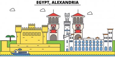 Mısır, Alexandria anahat şehir manzarası, doğrusal illüstrasyon, afiş, seyahat Simgesel Yapı, binalara siluet, vektör
