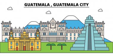Guatemala, Guatemala City anahat şehir manzarası, doğrusal illüstrasyon, afiş, seyahat Simgesel Yapı, binalara siluet, vektör
