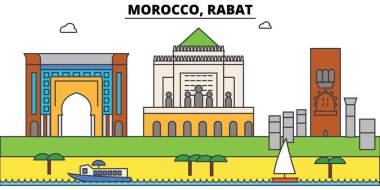 Fas, Rabat anahat şehir manzarası, doğrusal illüstrasyon, afiş, seyahat Simgesel Yapı, binalara siluet, vektör