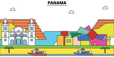 Panama anahat şehir manzarası, doğrusal illüstrasyon, afiş, seyahat Simgesel Yapı, binalara siluet, vektör