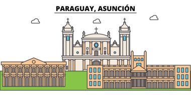 Paraguay, Asuncion anahat şehir manzarası, doğrusal illüstrasyon, afiş, seyahat Simgesel Yapı, binalara siluet, vektör