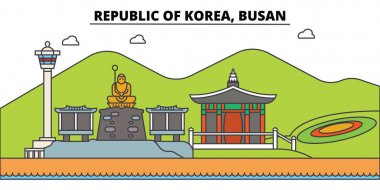 South Korea, Busan anahat şehir manzarası, doğrusal illüstrasyon, afiş, seyahat Simgesel Yapı, binalara siluet, vektör
