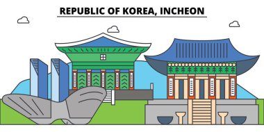 Güney Kore, Incheon anahat şehir manzarası, doğrusal illüstrasyon, afiş, seyahat Simgesel Yapı, binalara siluet, vektör