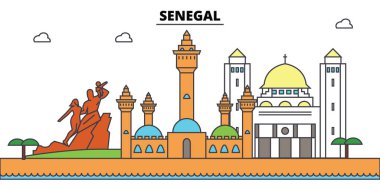 Senegal anahat şehir manzarası, doğrusal illüstrasyon, afiş, seyahat Simgesel Yapı, binalara siluet, vektör