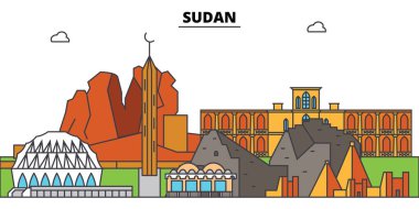 Sudan anahat şehir manzarası, doğrusal illüstrasyon, afiş, seyahat Simgesel Yapı, binalara siluet, vektör