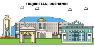 Tacikistan, Duşanbe anahat şehir manzarası, doğrusal illüstrasyon, afiş, seyahat Simgesel Yapı, binalara siluet, vektör