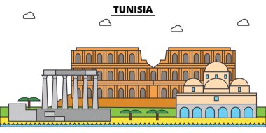 Tunus anahat şehir manzarası, doğrusal illüstrasyon, afiş, seyahat Simgesel Yapı, binalara siluet, vektör