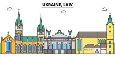 Ukrayna, Lviv anahat şehir manzarası, doğrusal illüstrasyon, afiş, seyahat Simgesel Yapı, binalara siluet, vektör