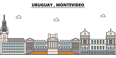 Uruguay, Montevideo anahat şehir manzarası, doğrusal illüstrasyon, afiş, seyahat Simgesel Yapı, binalara siluet, vektör