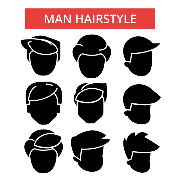 Ilustração do penteado do homem, ícones de linha fina, sinais planos lineares, símbolos vetoriais, conjunto de pictogramas de contorno, traços editáveis — Vetor de Stock