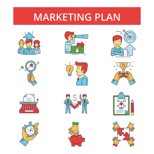 Ilustración del plan de marketing, iconos de línea delgada, signos planos lineales, símbolos vectoriales, conjunto de pictogramas de contorno, trazos editables — Archivo Imágenes Vectoriales