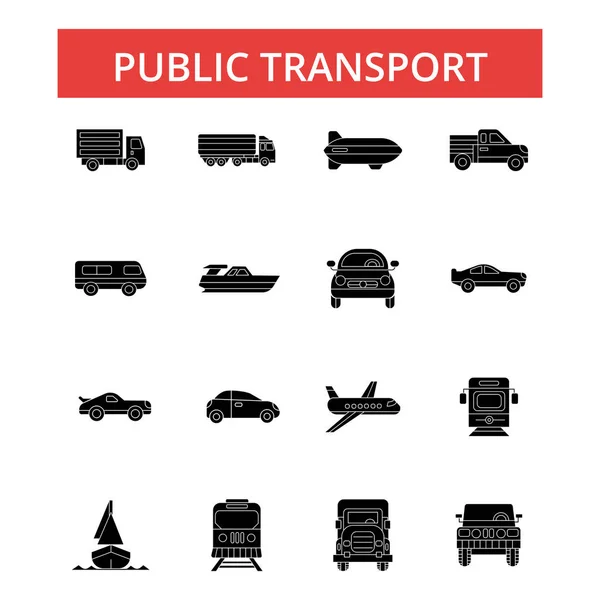 Illustrazione dei trasporti pubblici, icone a linee sottili, segni piatti lineari, simboli vettoriali, set di pittogrammi di contorno, tratti modificabili — Vettoriale Stock