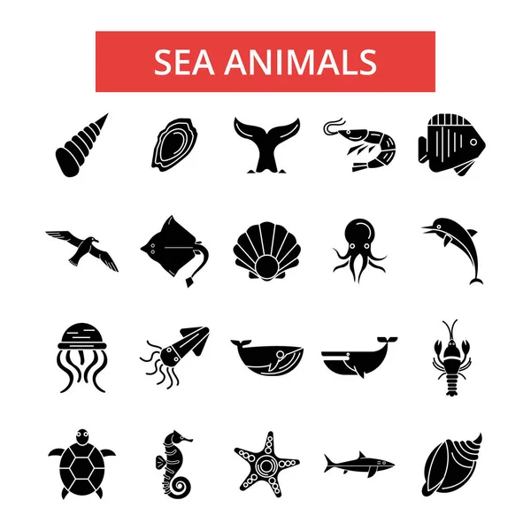 바다 동물 그림, 얇은 선 아이콘, 선형 평면 표시, 벡터 기호, 무늬 세트, 편집 가능한 선 개요 — 스톡 벡터