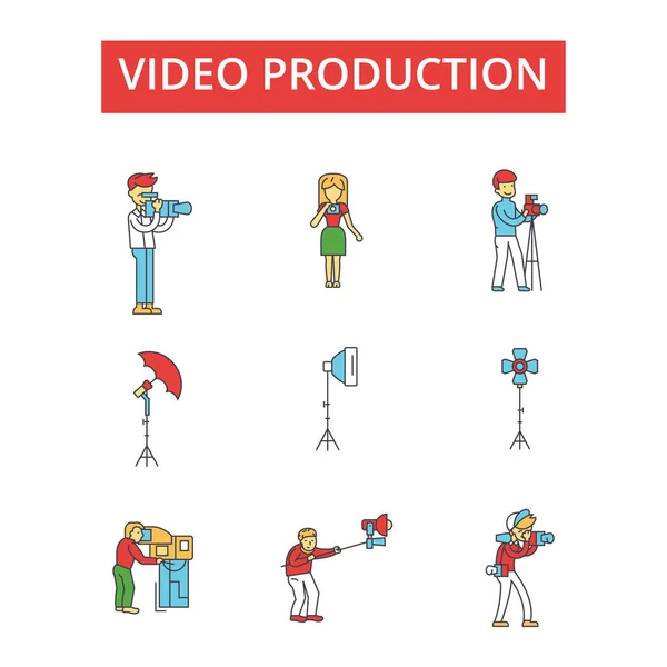 Illustrazione della produzione video, icone a linee sottili, segni piatti lineari, simboli vettoriali, set di pittogrammi di contorno, tratti modificabili — Vettoriale Stock