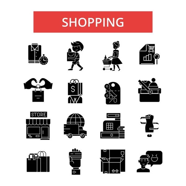Ilustrações de compras, ícones de linha fina, sinais planos lineares, símbolos vetoriais, conjunto de pictogramas de contorno, traços editáveis — Vetor de Stock