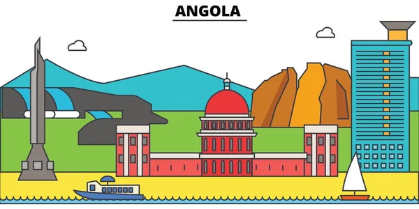 Angola contorno horizonte de la ciudad, ilustración lineal, bandera, punto de referencia de viaje, silueta de edificios, vector — Vector de stock