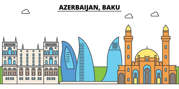 Ázerbájdžán, Baku osnovy městské panorama, lineární obrázek, banner, cestovní mezník, budovy, vektor — Stockový vektor