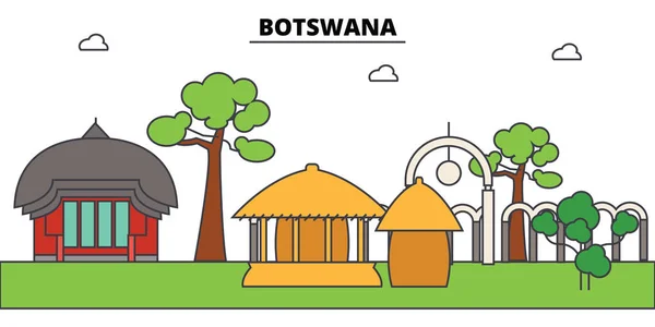 Botswana contorno horizonte de la ciudad, ilustración lineal, bandera, hito de viaje, silueta de edificios, vector — Vector de stock