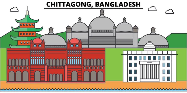チッタゴン、バングラデシュ概要街並み、線形図、バナー、旅行のランドマーク、建物のシルエット、ベクトル — ストックベクタ