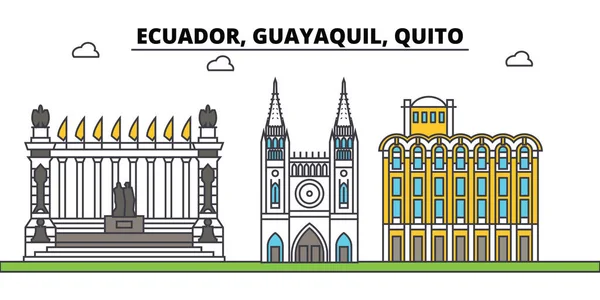 Γκουαγιακίλ, Εκουαδόρ, Κίτο περίγραμμα ορίζοντα της πόλης, γραμμική απεικόνιση, banner, ορόσημο του ταξιδιού, κτίρια σιλουέτα, διάνυσμα — Διανυσματικό Αρχείο
