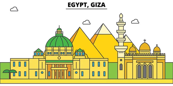 Égypte, contour de la ville de Gizeh skyline, illustration linéaire, bannière, point de repère de voyage, silhouette des bâtiments, vecteur — Image vectorielle