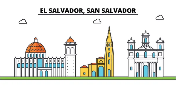El Salvador, San Salvador contorno horizonte de la ciudad, ilustración lineal, bandera, punto de referencia de viaje, silueta de edificios, vector — Archivo Imágenes Vectoriales